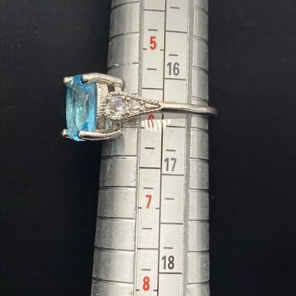 Emerald Cut Lab Blue Topaz Ring  CZ  Accents Size 5.75 3.4 grams Silver Plated - Picture 8 of 8
